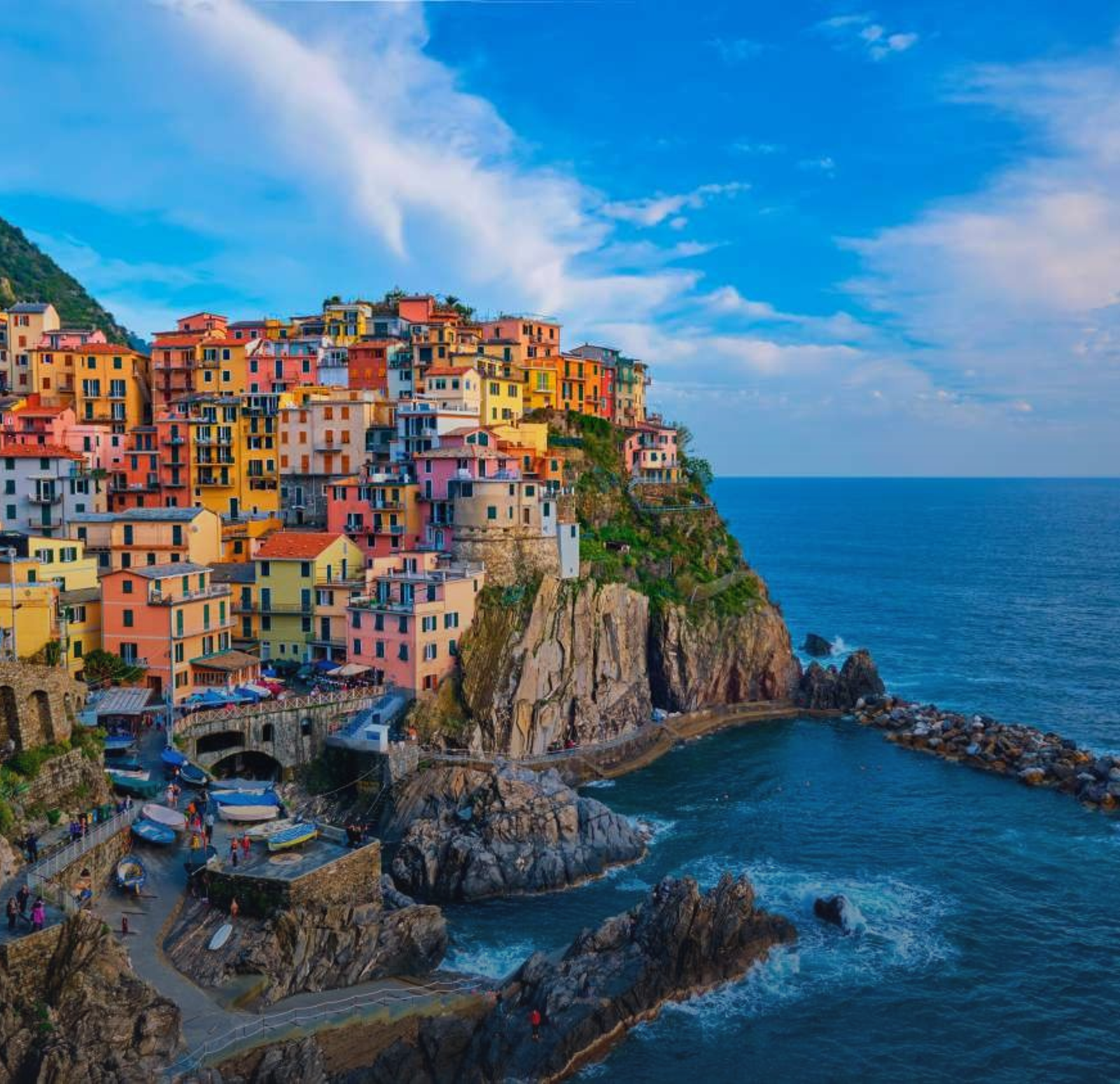 Colorful cliffside village of Manarola in Cinque Terre overlooking the sea