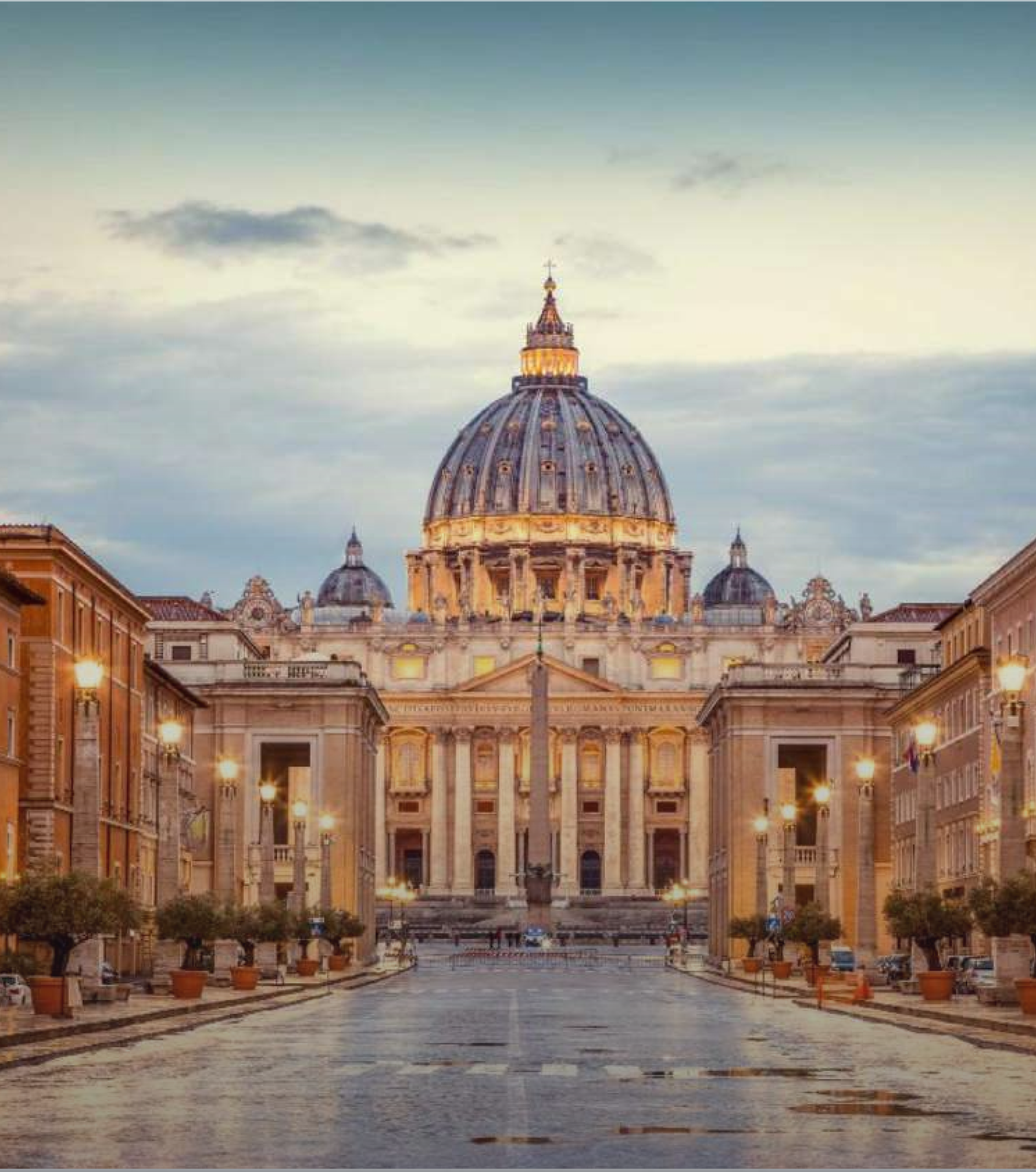 St Peter's Basilica in Vatican City at sunrise with an empty piazza